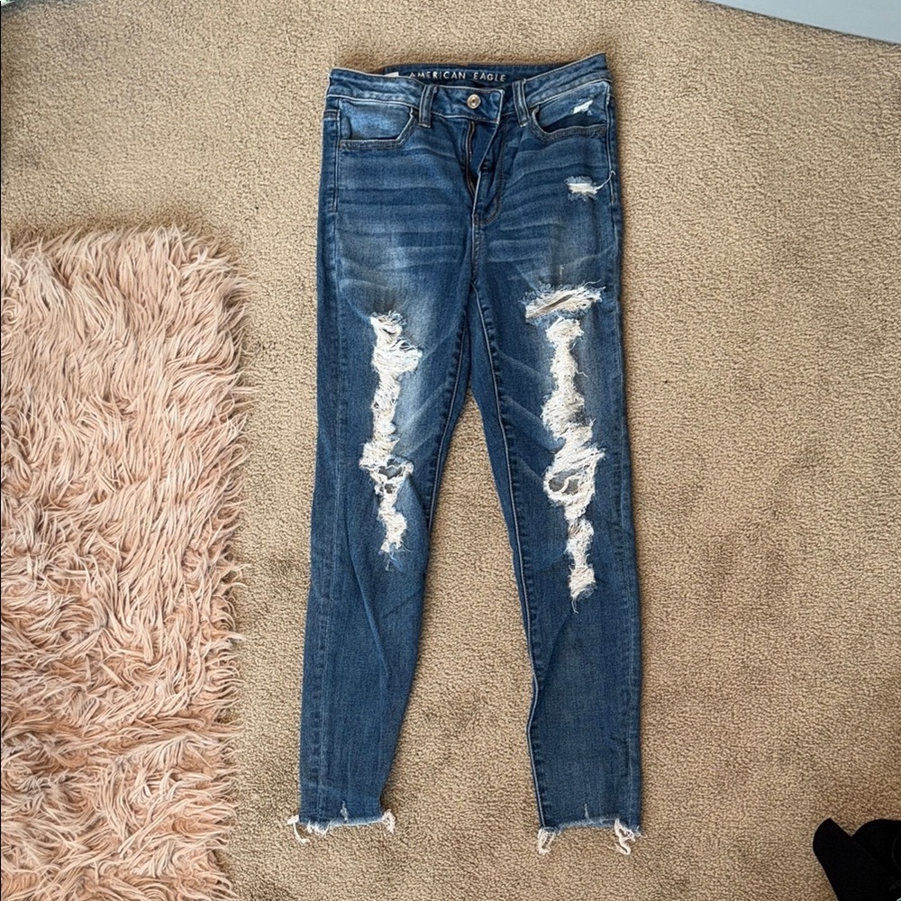 American Eagle Outfitters Blue Skinny Jeans with Distressed Details
